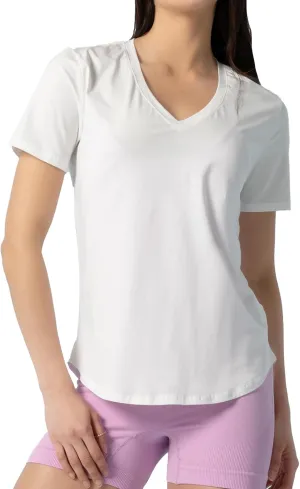 Women's Workout T-Shirt Pima Cotton Short Sleeve Curved-Hem V-Neck Shirts Athletic Yoga Tee Tops