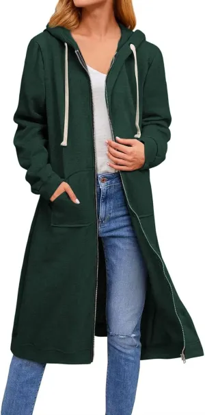 Womens Zip Up Hoodies Knee Length Tunic Sweatshirts Oversized Fleece Long Sleeve Jackets Workout Tops with Pockets