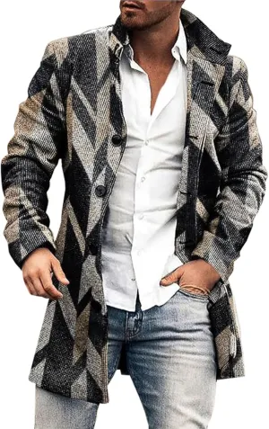 Wool Blend Trench Coat Men Notched Collar Plaid Single Breasted Pea Coats Slim Fit Warm Winter Jackets Big and Tall