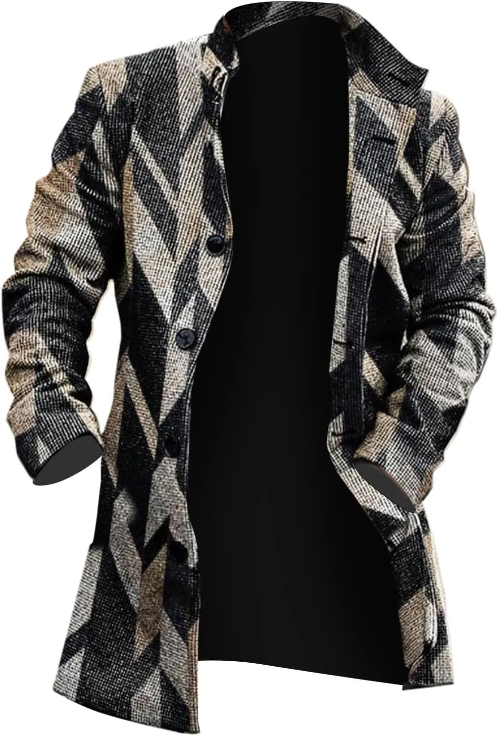 Wool Blend Trench Coat Men Notched Collar Plaid Single Breasted Pea Coats Slim Fit Warm Winter Jackets Big and Tall
