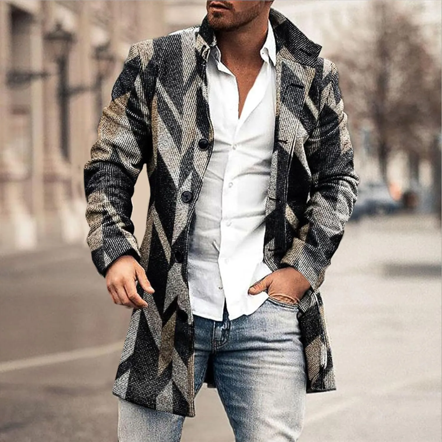 Wool Blend Trench Coat Men Notched Collar Plaid Single Breasted Pea Coats Slim Fit Warm Winter Jackets Big and Tall