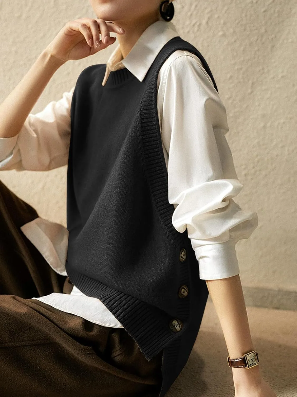 Wowcarbazole Women's Sleeveless Sweater Vest Casual Crew Neck Ribbed Knit Pullover Tops Loose Fit Full Clothes