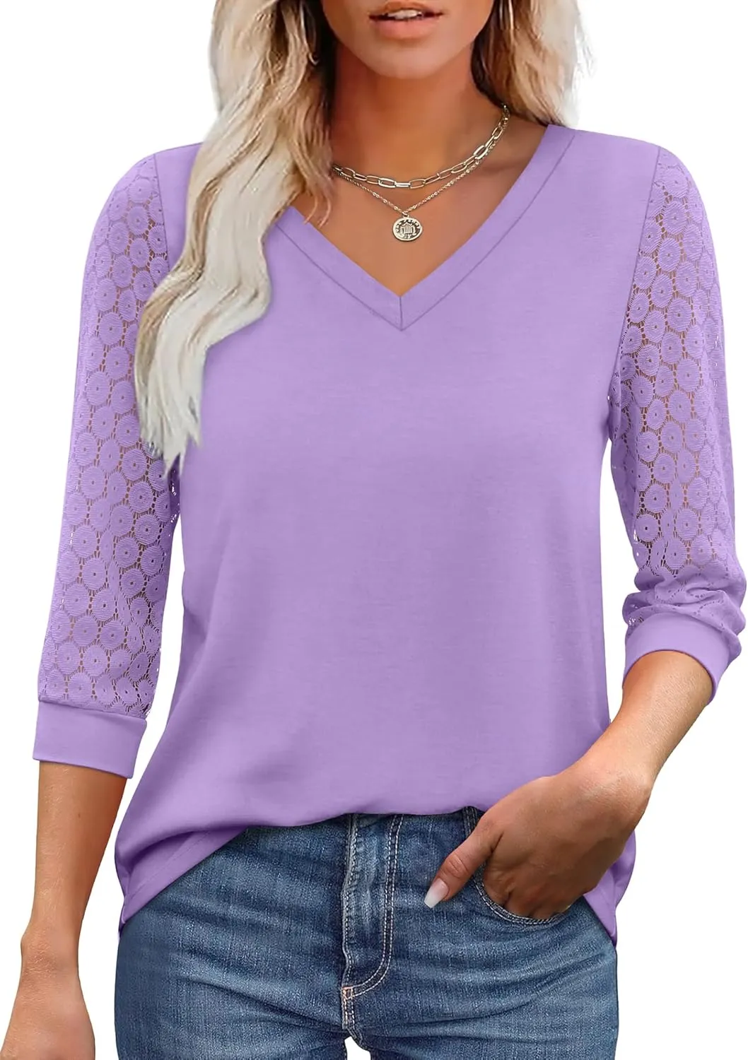 XIEERDUO 3/4 Length Sleeve Womens Tops V-Neck Lace Tunic Tops Business Casual Blouses 2025