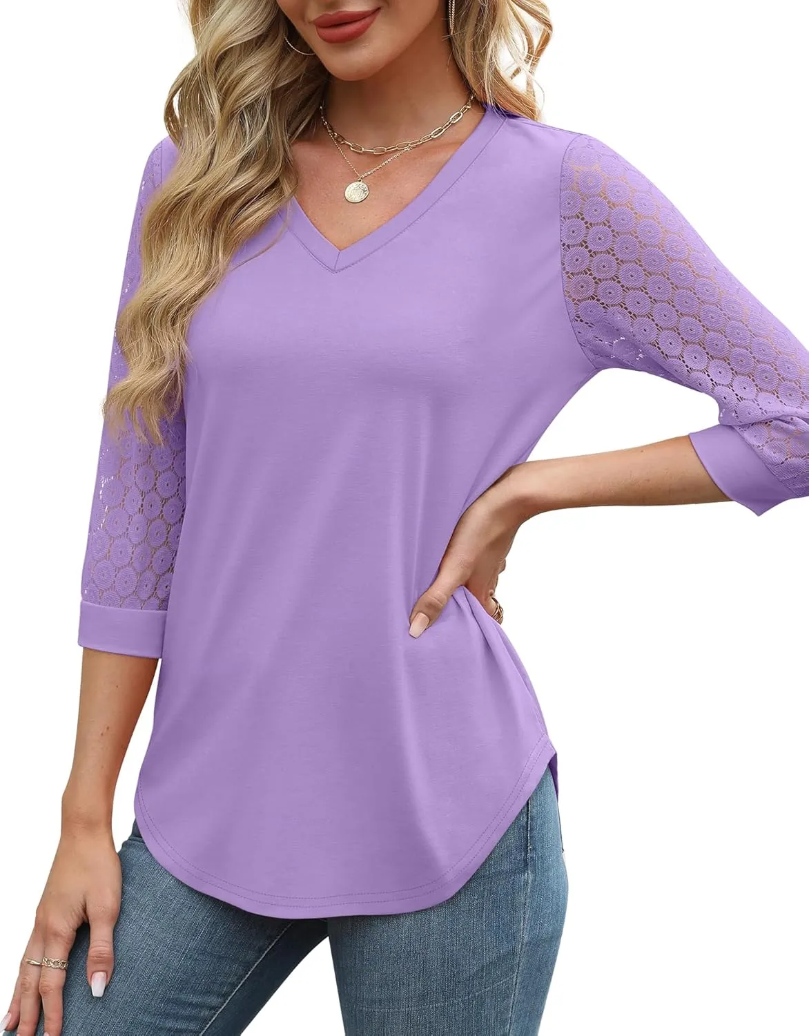 XIEERDUO 3/4 Length Sleeve Womens Tops V-Neck Lace Tunic Tops Business Casual Blouses 2025