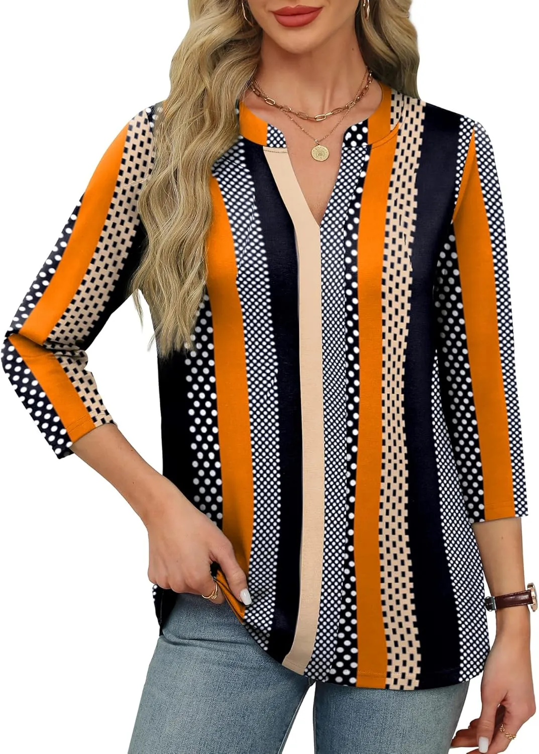 XIEERDUO 3/4 Length Sleeve Womens Tops V Neck Pleated Work Blouses Dressy Casual Summer Tops 2025 Trendy