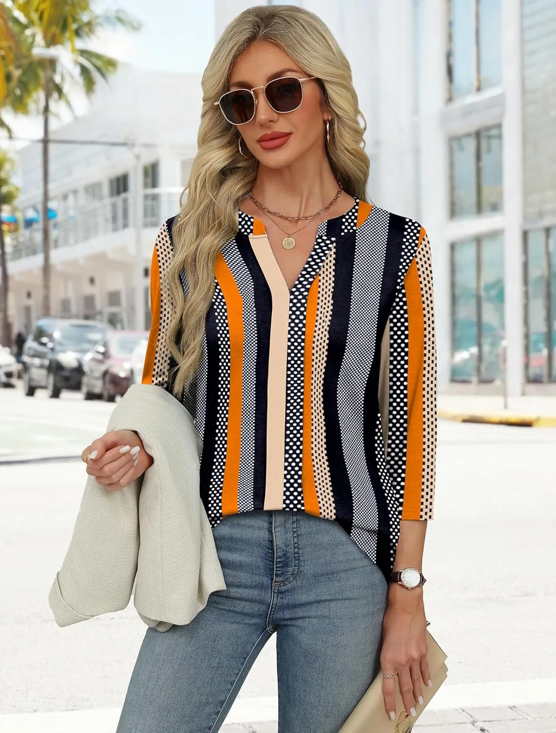 XIEERDUO 3/4 Length Sleeve Womens Tops V Neck Pleated Work Blouses Dressy Casual Summer Tops 2025 Trendy