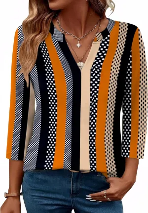 XIEERDUO 3/4 Length Sleeve Womens Tops V Neck Pleated Work Blouses Dressy Casual Summer Tops 2025 Trendy