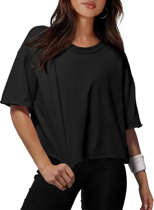 XIEERDUO Cotton Tshirts for Women Drop Shoulder Round Neck Oversized Crop Tops Workout Tops Tees