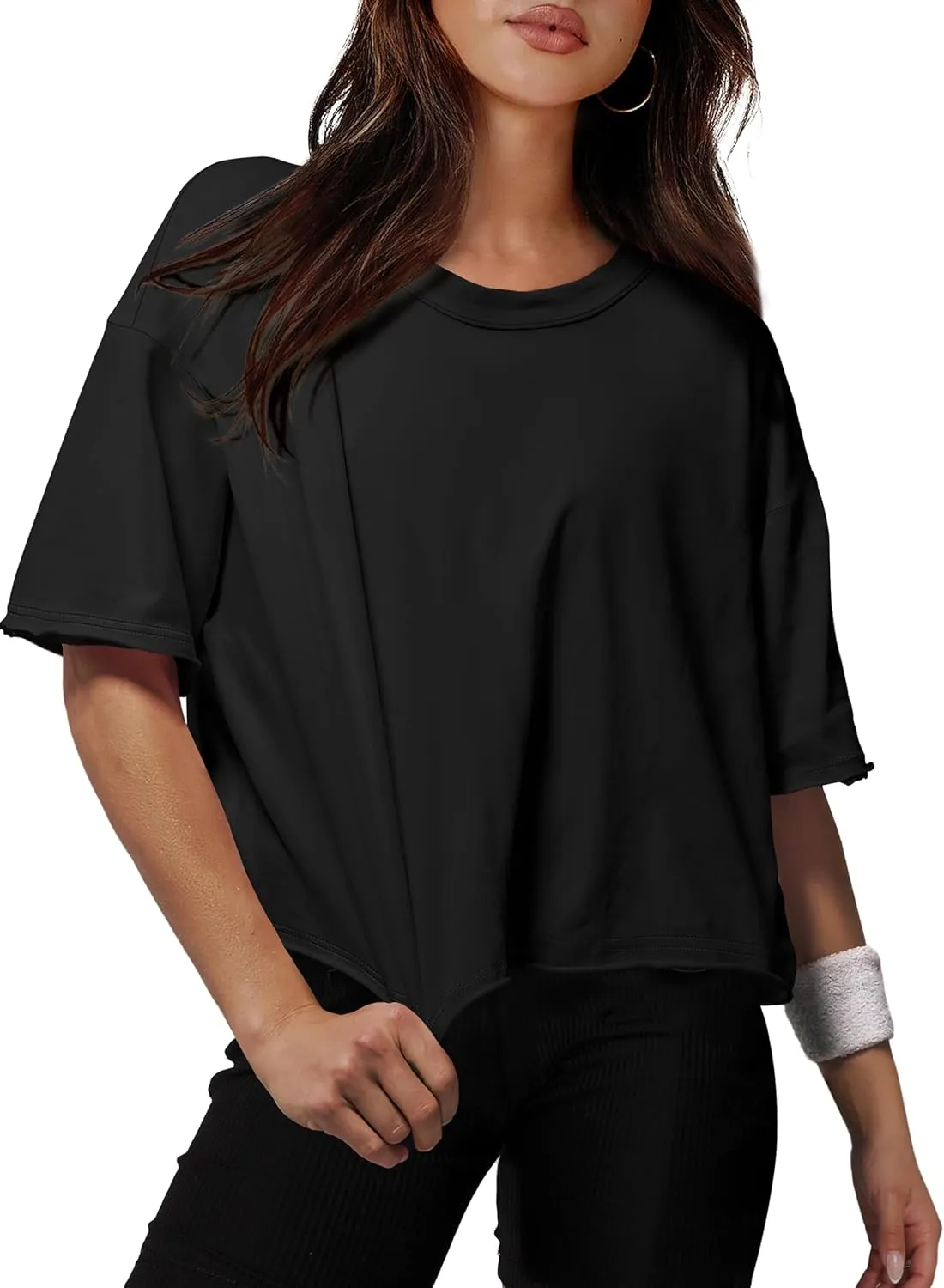 XIEERDUO Cotton Tshirts for Women Drop Shoulder Round Neck Oversized Crop Tops Workout Tops Tees