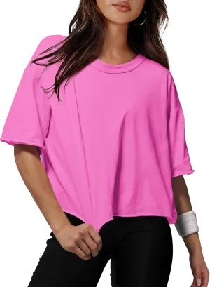 XIEERDUO Cotton Tshirts for Women Drop Shoulder Round Neck Oversized Crop Tops Workout Tops Tees