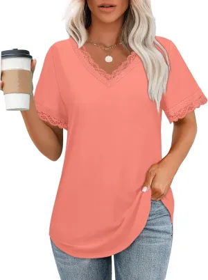 XIEERDUO V Neck T Shirts for Women Lace Sleeve Ladies Tops and Blouses Summer Outfits Basic Tee