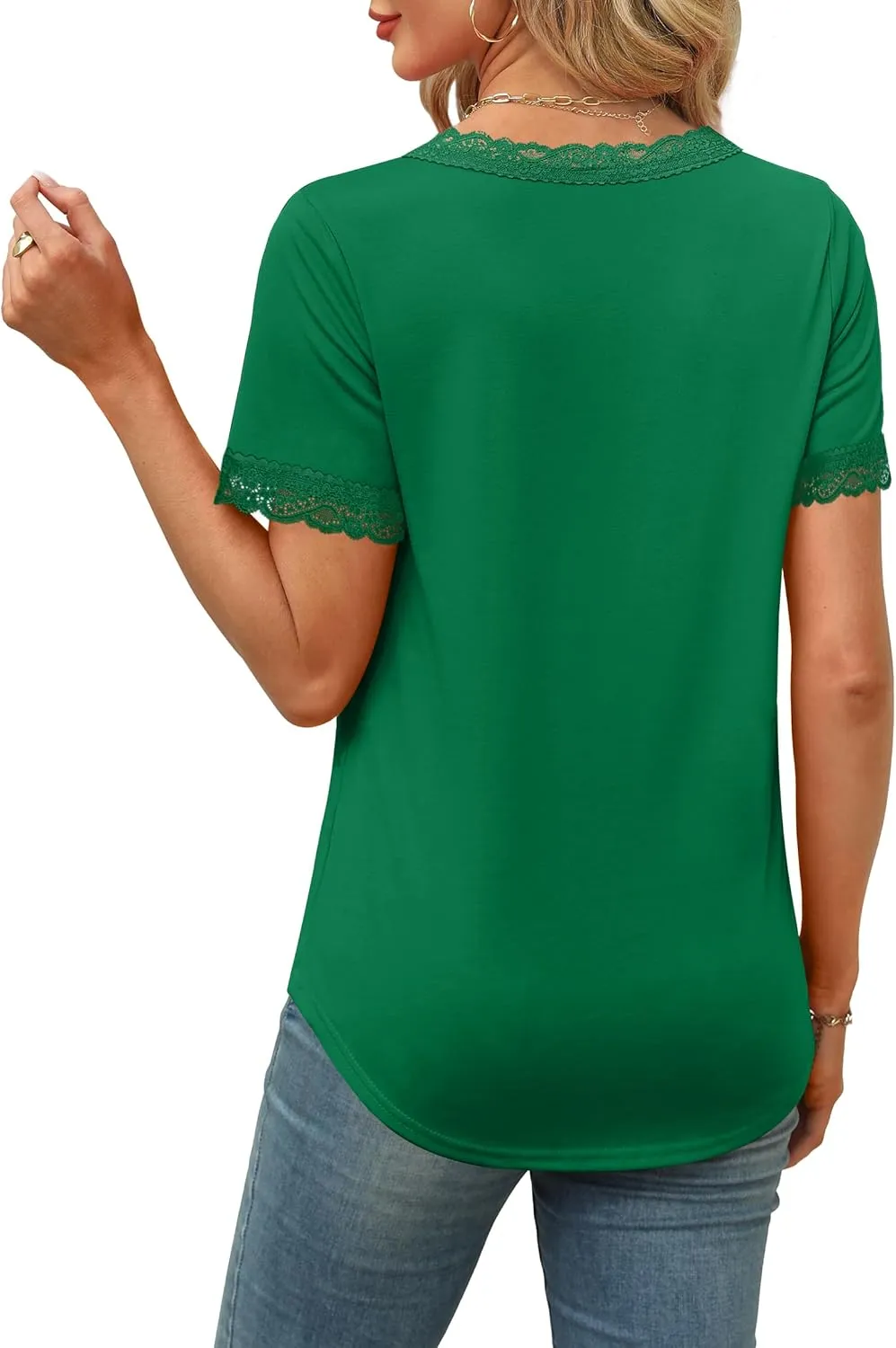 XIEERDUO V Neck T Shirts for Women Lace Sleeve Ladies Tops and Blouses Summer Outfits Basic Tee