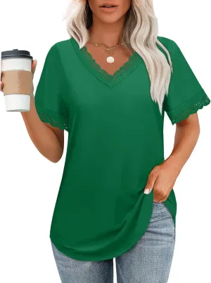 XIEERDUO V Neck T Shirts for Women Lace Sleeve Ladies Tops and Blouses Summer Outfits Basic Tee