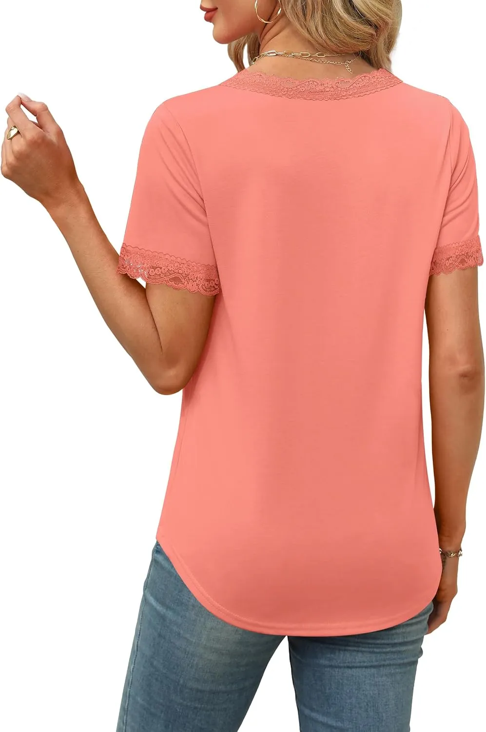 XIEERDUO V Neck T Shirts for Women Lace Sleeve Ladies Tops and Blouses Summer Outfits Basic Tee
