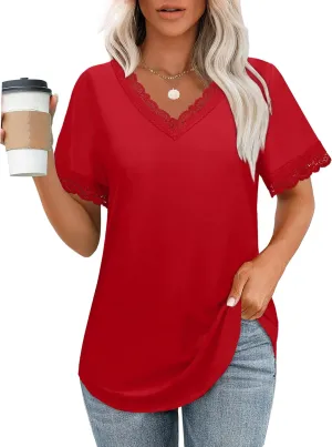 XIEERDUO V Neck T Shirts for Women Lace Sleeve Ladies Tops and Blouses Summer Outfits Basic Tee