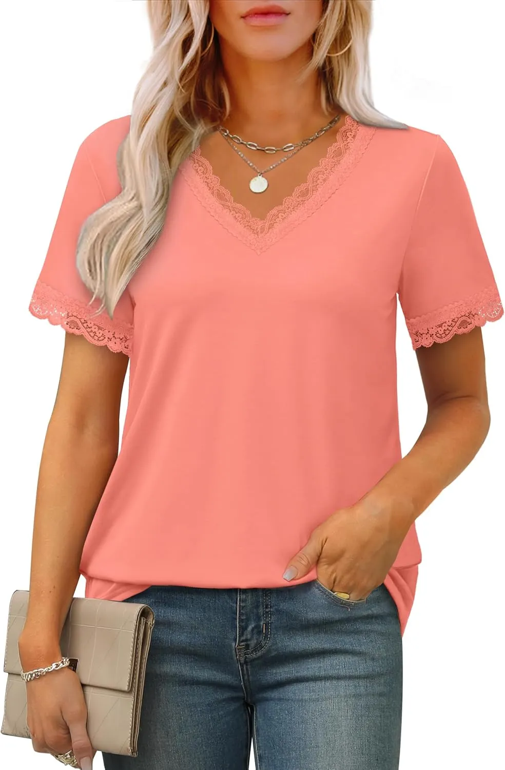 XIEERDUO V Neck T Shirts for Women Lace Sleeve Ladies Tops and Blouses Summer Outfits Basic Tee
