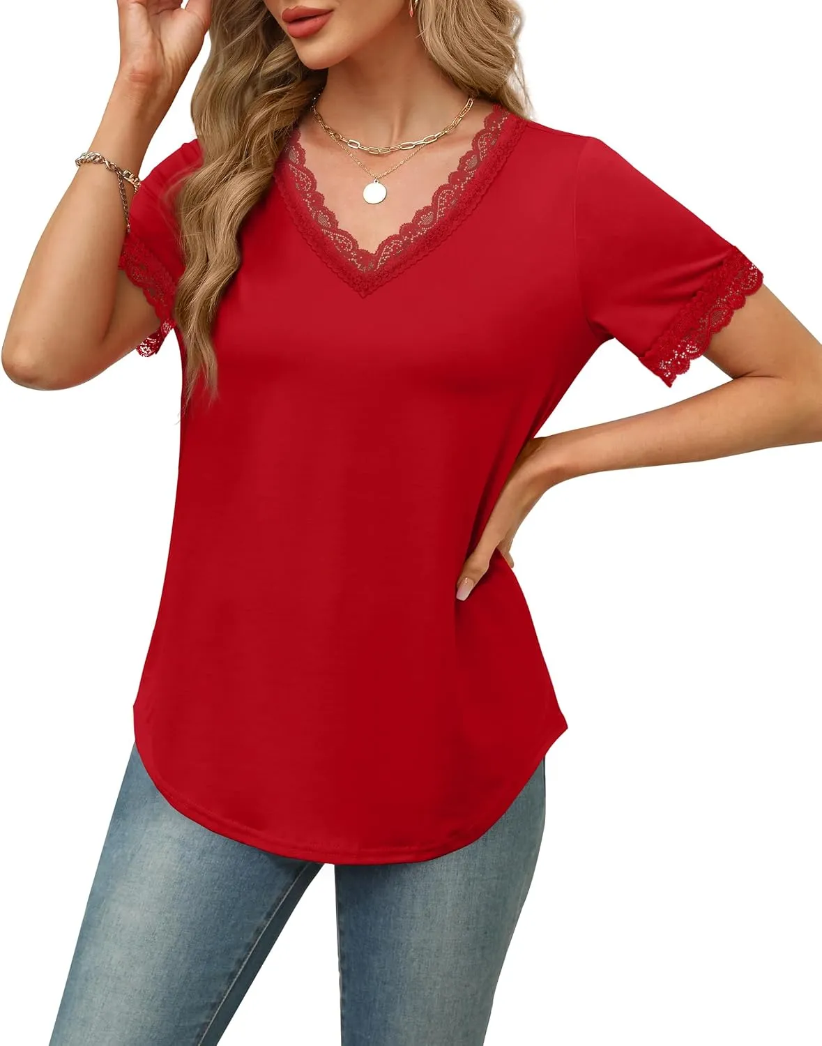 XIEERDUO V Neck T Shirts for Women Lace Sleeve Ladies Tops and Blouses Summer Outfits Basic Tee