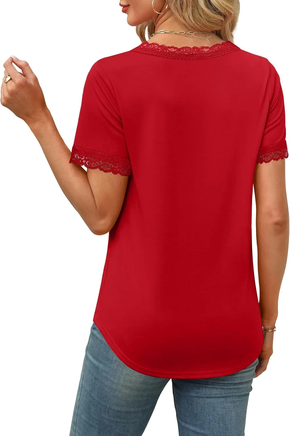 XIEERDUO V Neck T Shirts for Women Lace Sleeve Ladies Tops and Blouses Summer Outfits Basic Tee