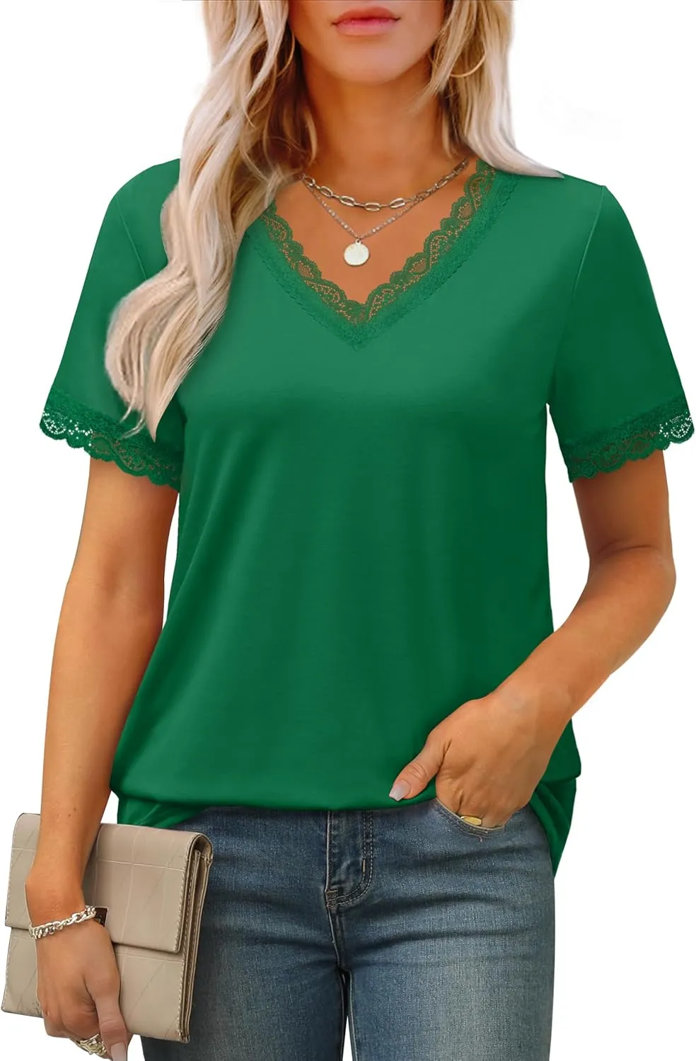 XIEERDUO V Neck T Shirts for Women Lace Sleeve Ladies Tops and Blouses Summer Outfits Basic Tee