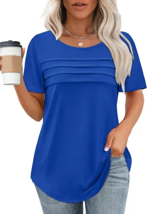 XIEERDUO Women's Pleated Tops Dressy Casual Short Sleeve T-Shirts Fashion Blouses Loose Curved Hem Long Tunic S-3XL