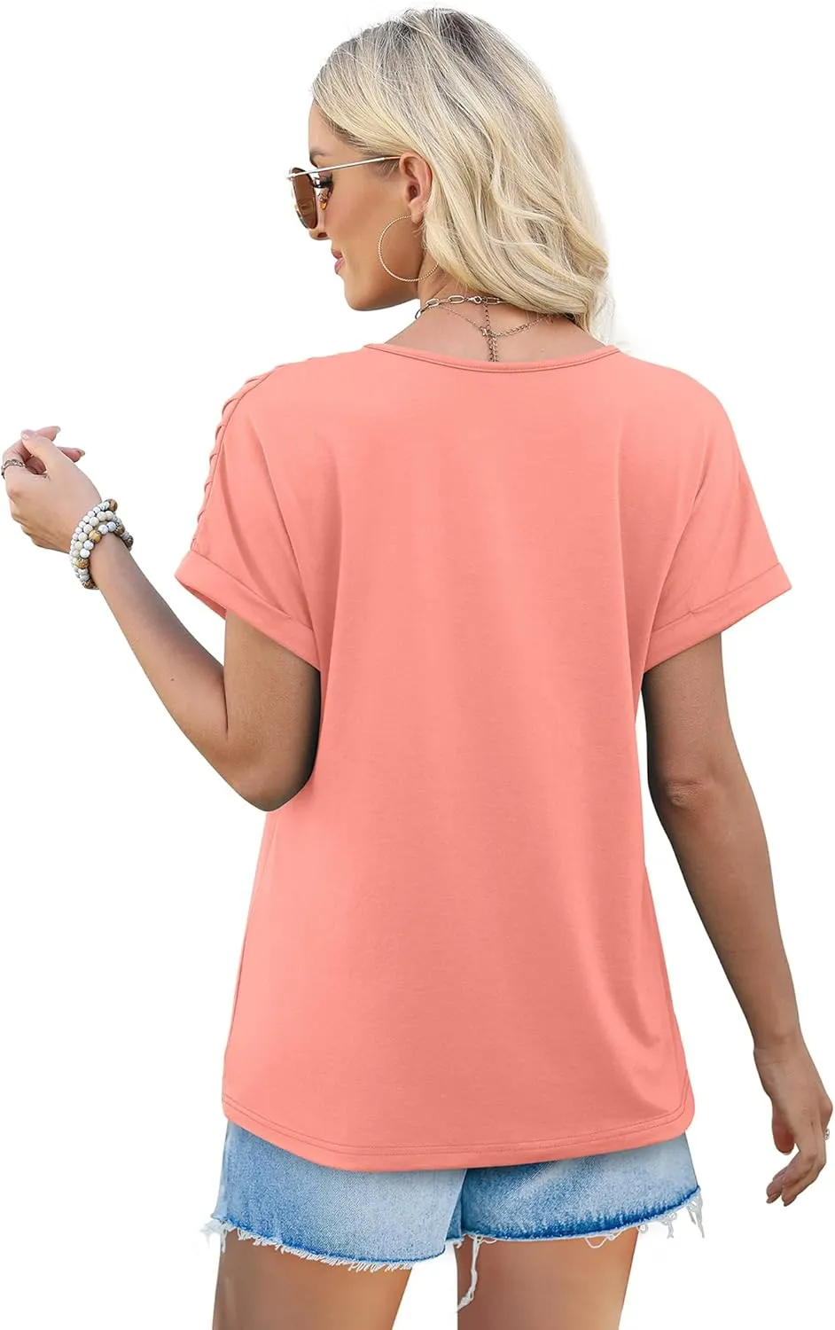 XIEERDUO Womens T Shirts Casual Summer Tops Pleated Crewneck Short Sleeve Blouses Trendy Beach Vacation Clothes