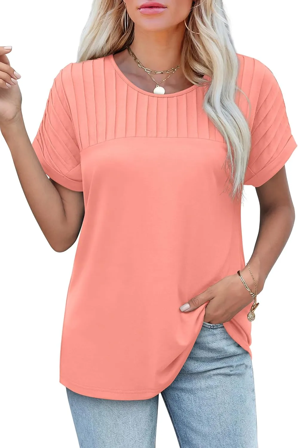 XIEERDUO Womens T Shirts Casual Summer Tops Pleated Crewneck Short Sleeve Blouses Trendy Beach Vacation Clothes