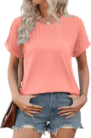 XIEERDUO Womens T Shirts Casual Summer Tops Pleated Crewneck Short Sleeve Blouses Trendy Beach Vacation Clothes