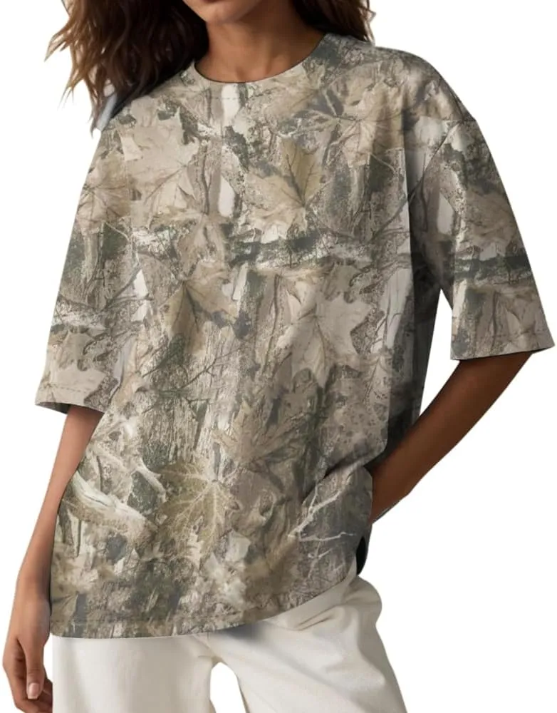 Y2k Camo Oversized Short Sleeve Crew Neck Baggy Shirts Maple Leaf Printed Tshirts Shirts for Women Men