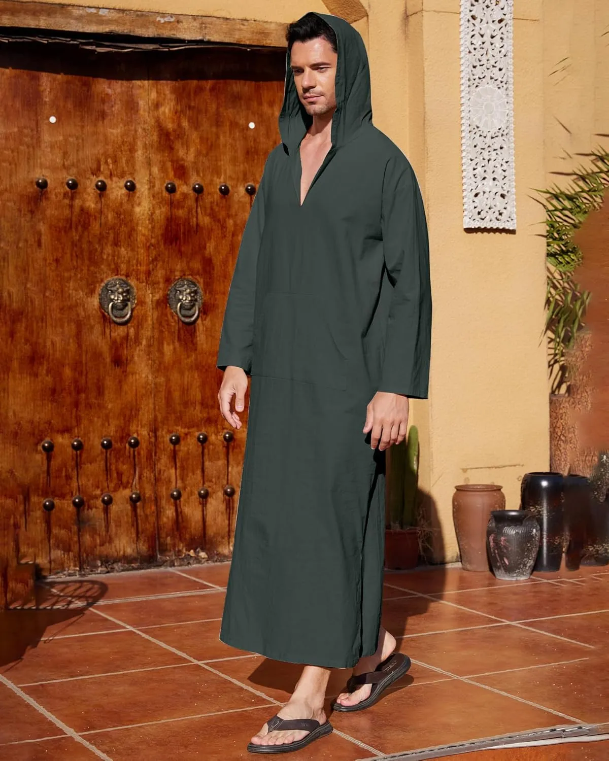 YAOHUOLE Men's Long Sleeve Kaftan Side Split Long Gown Thobe Hooded Men Caftan