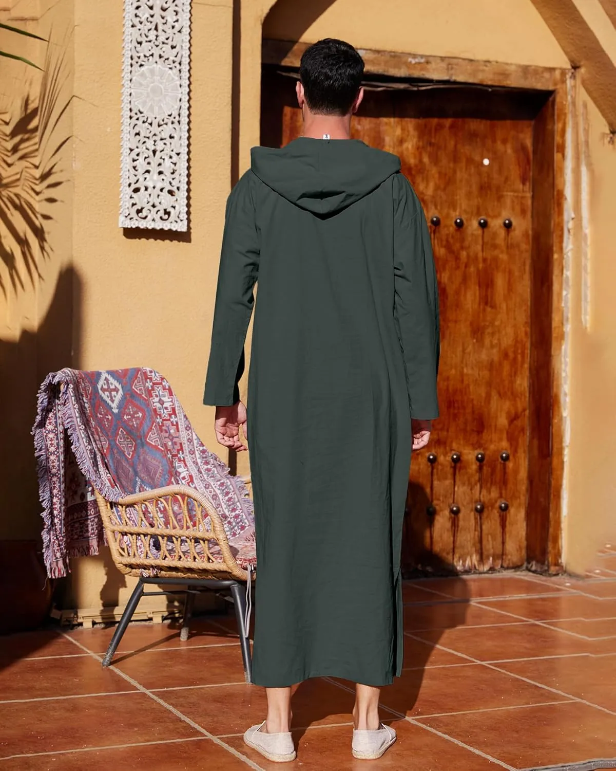 YAOHUOLE Men's Long Sleeve Kaftan Side Split Long Gown Thobe Hooded Men Caftan