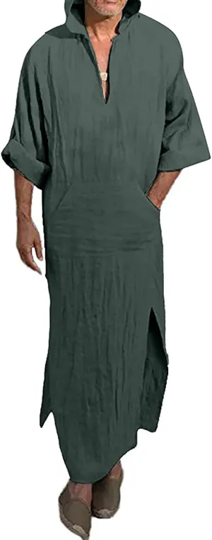YAOHUOLE Men's Long Sleeve Kaftan Side Split Long Gown Thobe Hooded Men Caftan