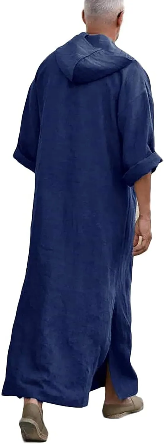 YAOHUOLE Men's Long Sleeve Kaftan Side Split Long Gown Thobe Hooded Men Caftan