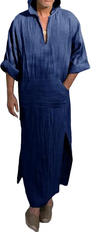 YAOHUOLE Men's Long Sleeve Kaftan Side Split Long Gown Thobe Hooded Men Caftan
