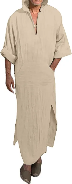 YAOHUOLE Men's Long Sleeve Kaftan Side Split Long Gown Thobe Hooded Men Caftan