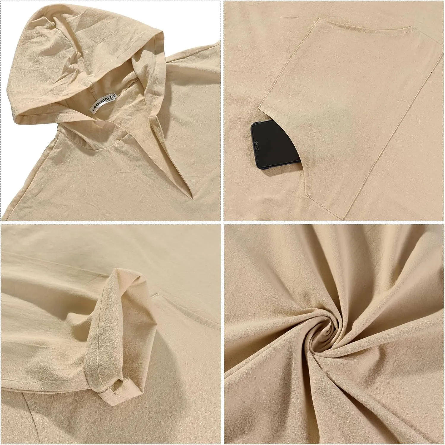 YAOHUOLE Men's Long Sleeve Kaftan Side Split Long Gown Thobe Hooded Men Caftan