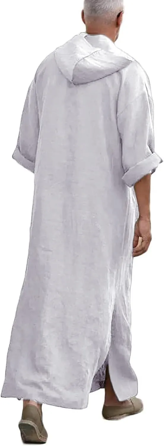 YAOHUOLE Men's Long Sleeve Kaftan Side Split Long Gown Thobe Hooded Men Caftan