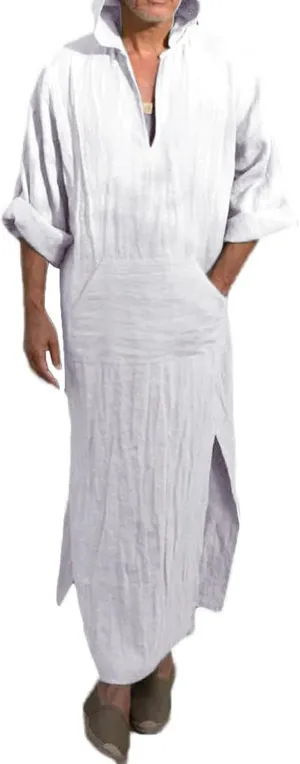 YAOHUOLE Men's Long Sleeve Kaftan Side Split Long Gown Thobe Hooded Men Caftan