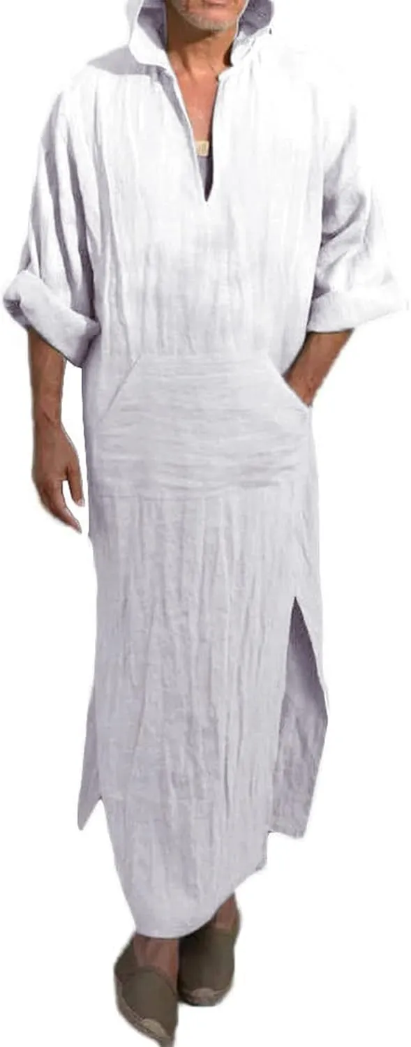 YAOHUOLE Men's Long Sleeve Kaftan Side Split Long Gown Thobe Hooded Men Caftan