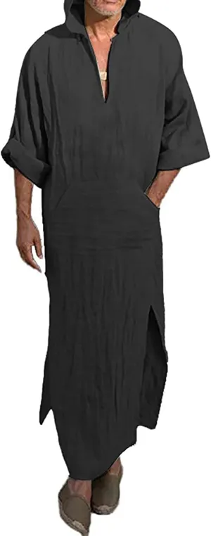 YAOHUOLE Men's Long Sleeve Kaftan Side Split Long Gown Thobe Hooded Men Caftan