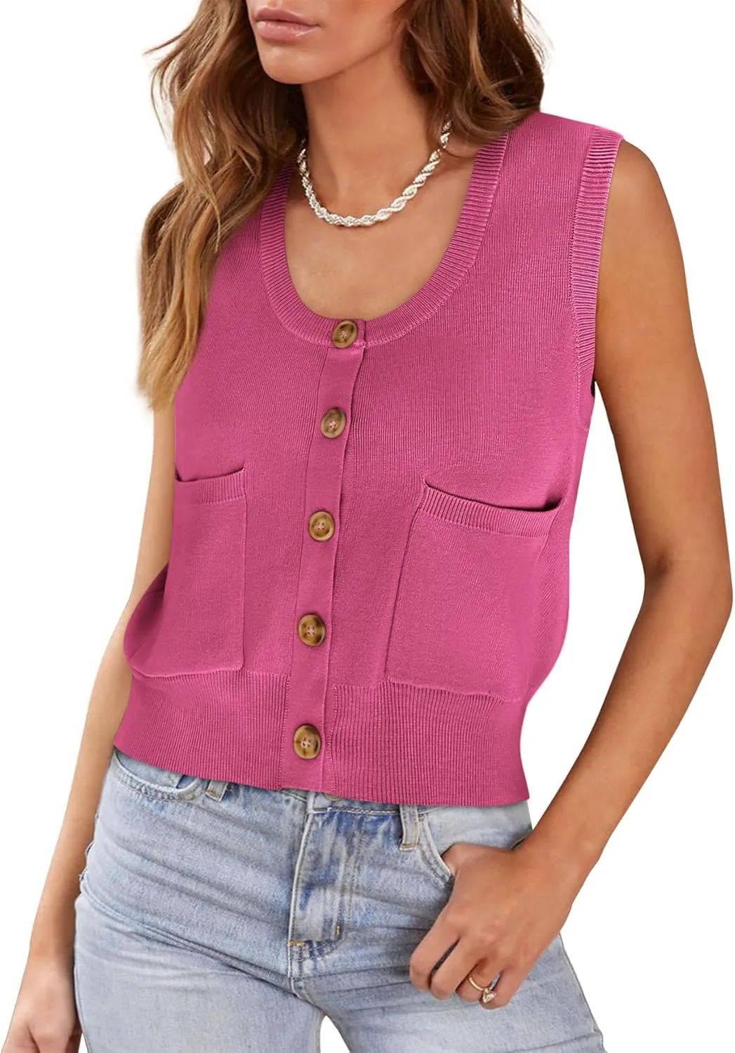 Yousify Womens Sweater Vest Summer Ribbed Tank Tops Sleeveless Button Down Shirts Scoop Neck Top for Women