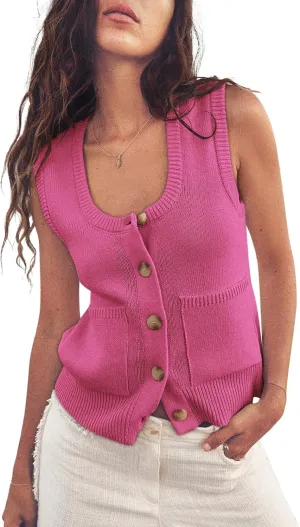 Yousify Womens Sweater Vest Summer Ribbed Tank Tops Sleeveless Button Down Shirts Scoop Neck Top for Women