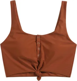 ZAFUL Women's Front Knot Bikini Tops Crop Tankini Top Scoop Neck Padded Bathing Suit Tops