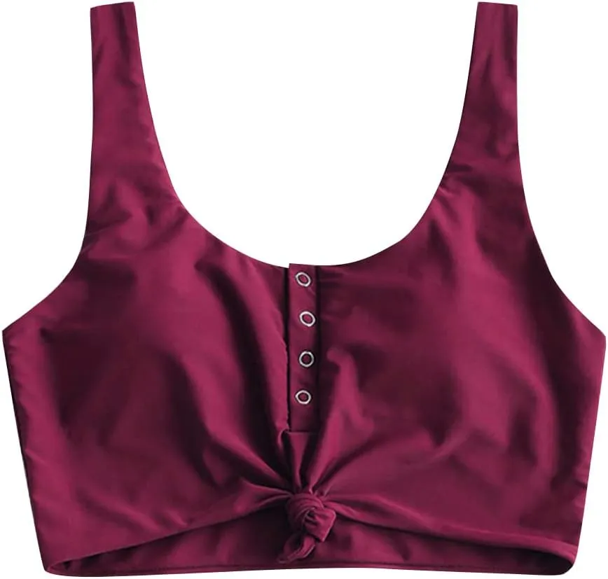 ZAFUL Women's Front Knot Bikini Tops Crop Tankini Top Scoop Neck Padded Bathing Suit Tops