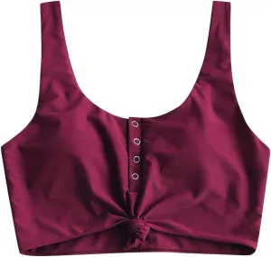 ZAFUL Women's Front Knot Bikini Tops Crop Tankini Top Scoop Neck Padded Bathing Suit Tops