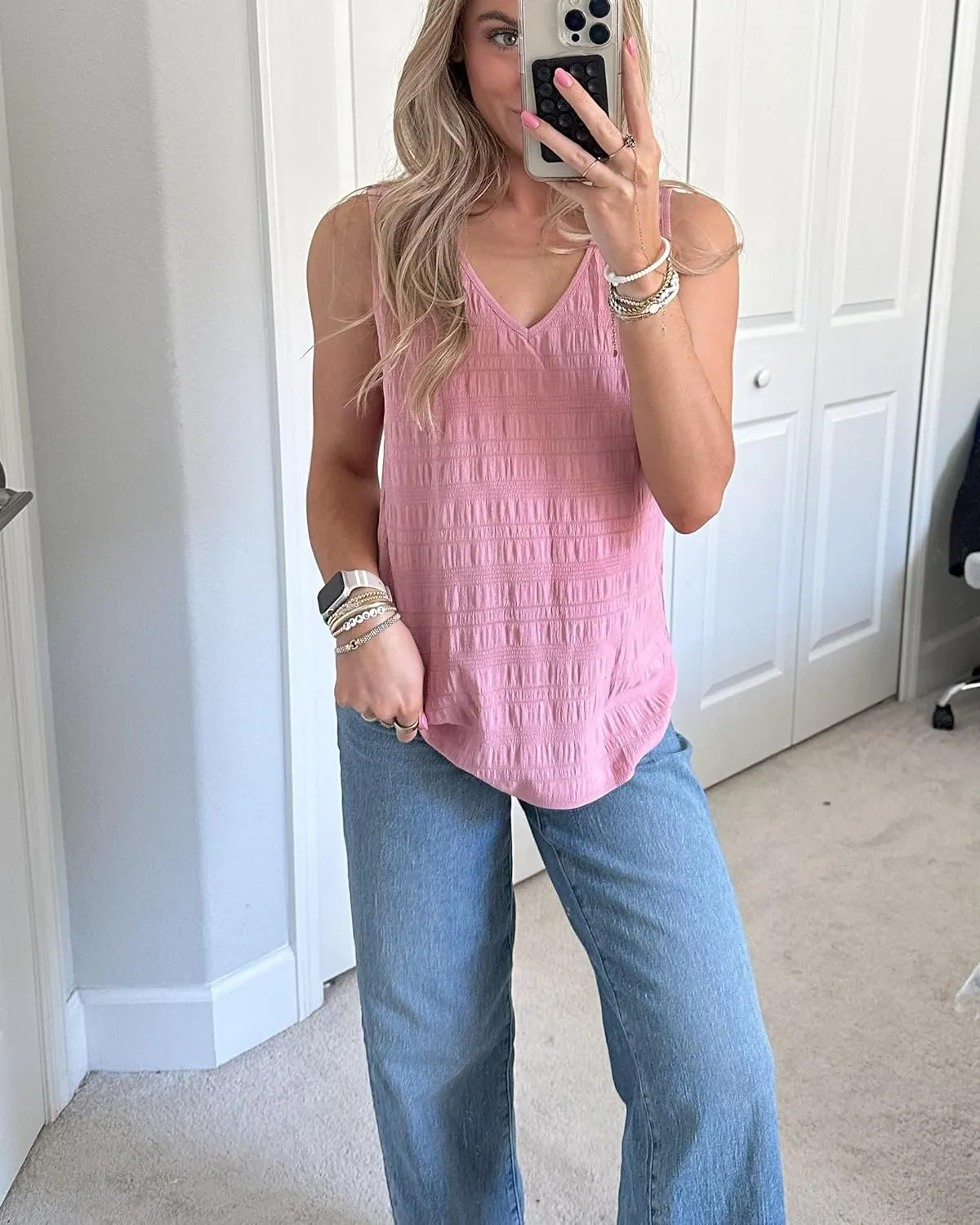 Zeagoo Summer Tank Top for Women V Neck Textured Camisole Blouses Sleeveless Casual Basic Beach Vacation Cami Shirt