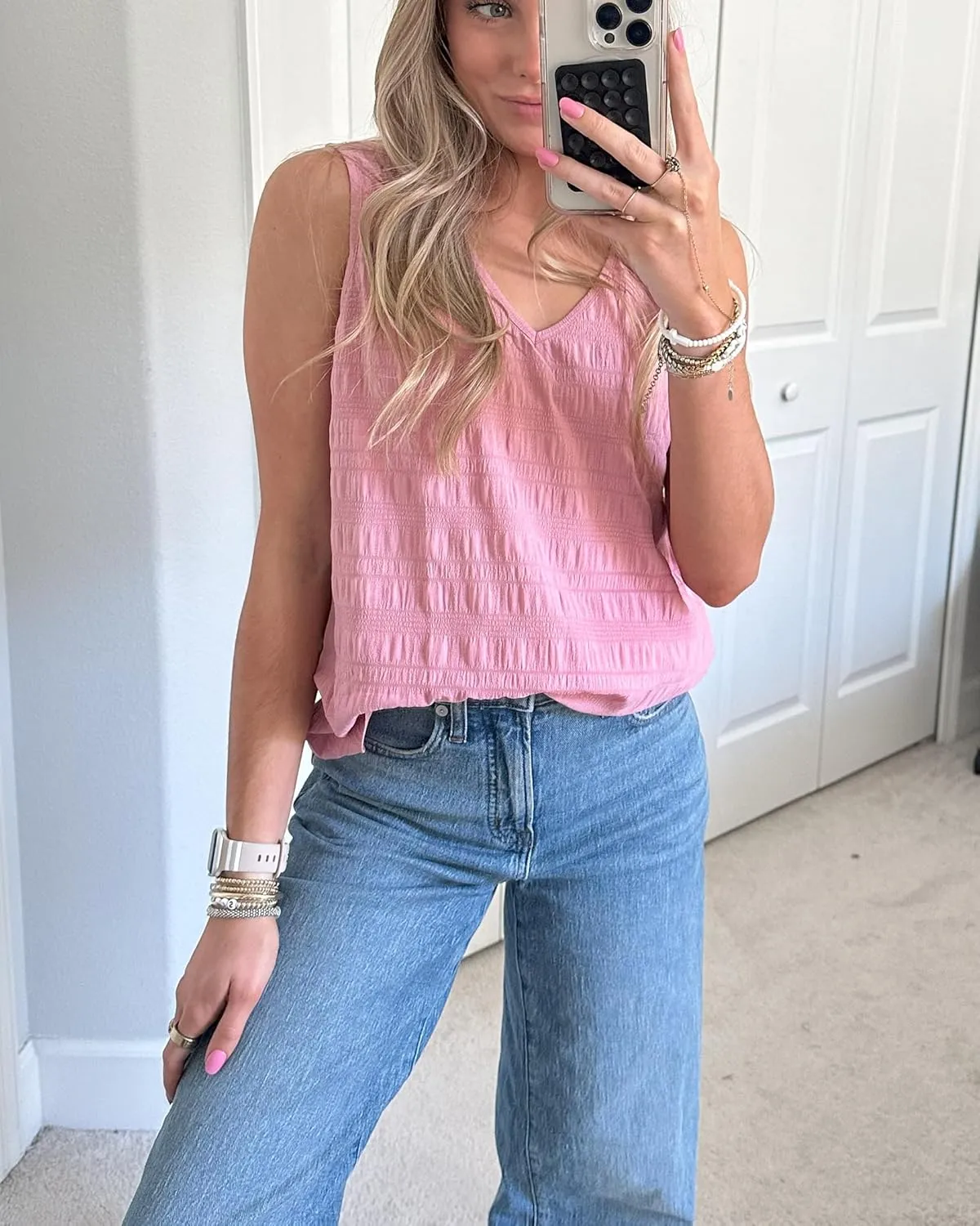 Zeagoo Summer Tank Top for Women V Neck Textured Camisole Blouses Sleeveless Casual Basic Beach Vacation Cami Shirt