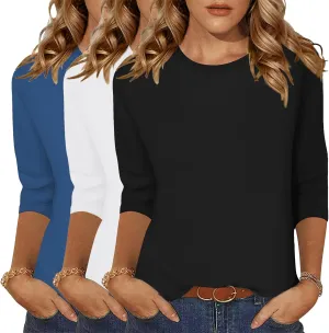 Zeagoo Tops for Women 3 Pack 3/4 Sleeve Crewneck Cute Basics Tees Casual Fashion Summer T Shirts Business Work Tee Top