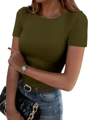 Zeagoo Women's Short Sleeve Tops Casual Crewneck Ribbed Knit Slim Fitted Basic Tee Stretchy Shirts 2025 Summer Trendy Outfits