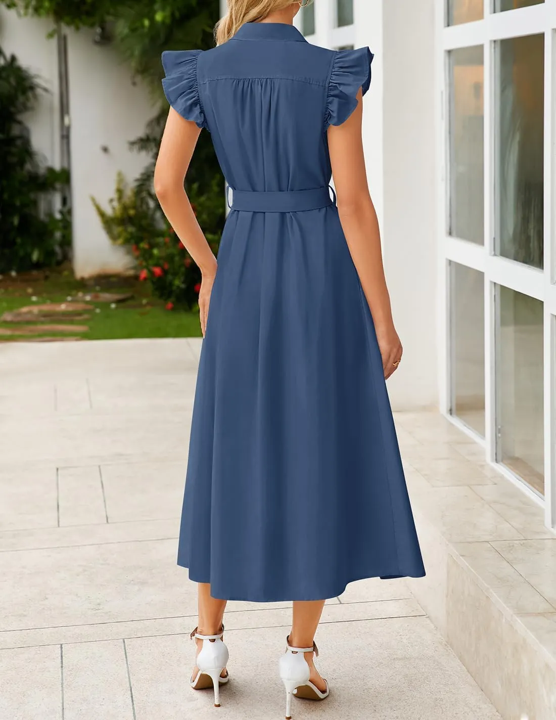 ZESICA Women's 2025 Summer Boho Button Midi Dresses Casual V Neck Flutter Sleeve Belted Long Dresses with Pockets