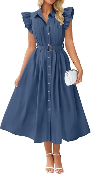 ZESICA Women's 2025 Summer Boho Button Midi Dresses Casual V Neck Flutter Sleeve Belted Long Dresses with Pockets